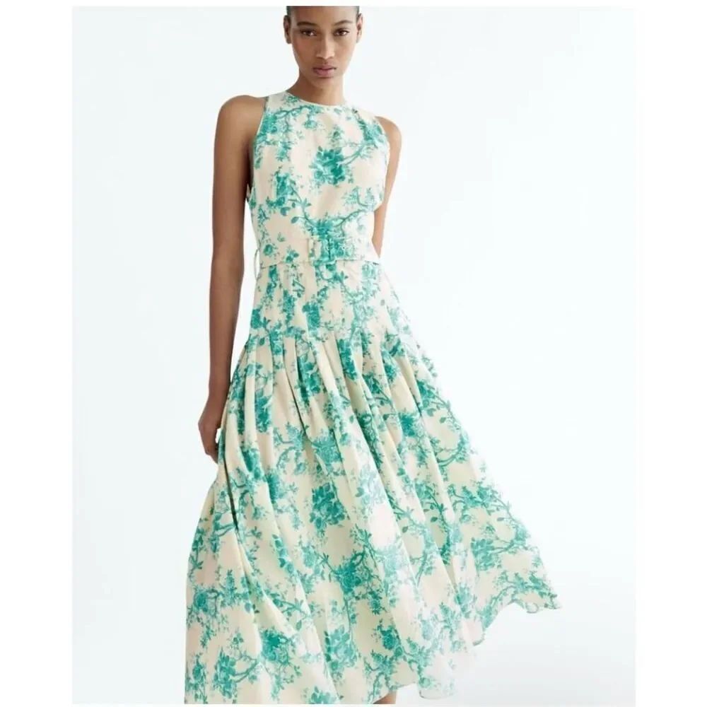 Zara Floral belted midi dress fit and flare S